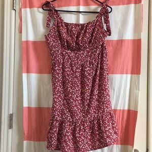 Red, flower print sun dress.